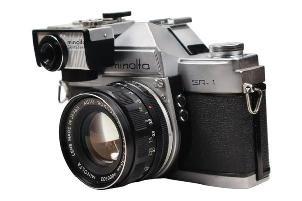 Film Camera Finds - Minolta SR1 with 55mm lens front right side